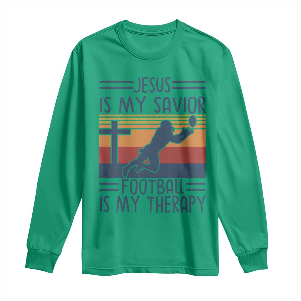 Jesus Is My Savior Football Is My Therapy Long Sleeve Shirt Vintage Christian Football Fan Gift TS12 Irish Green Print Your Wear