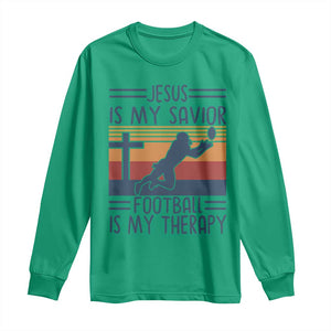 Jesus Is My Savior Football Is My Therapy Long Sleeve Shirt Vintage Christian Football Fan Gift TS12 Irish Green Print Your Wear