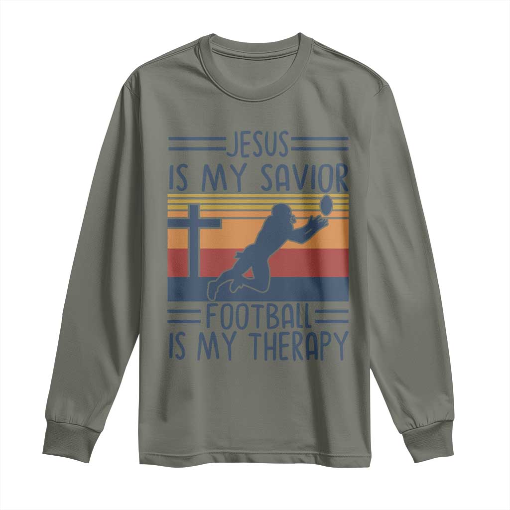 Jesus Is My Savior Football Is My Therapy Long Sleeve Shirt Vintage Christian Football Fan Gift TS12 Military Green Print Your Wear