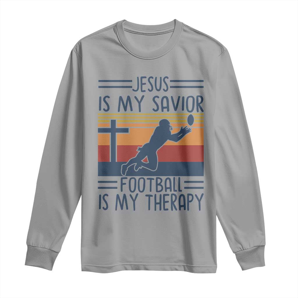 Jesus Is My Savior Football Is My Therapy Long Sleeve Shirt Vintage Christian Football Fan Gift TS12 Sport Gray Print Your Wear