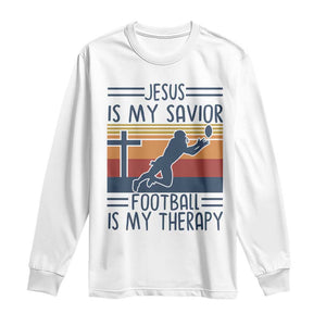 Jesus Is My Savior Football Is My Therapy Long Sleeve Shirt Vintage Christian Football Fan Gift TS12 White Print Your Wear