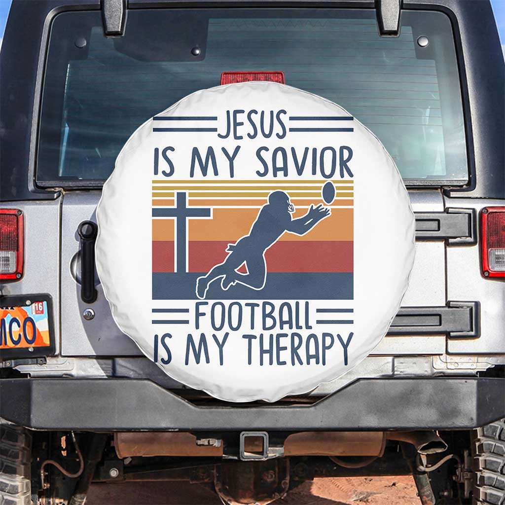 Jesus Is My Savior Football Is My Therapy Spare Tire Cover Vintage Christian Football Fan Gift TS12 No hole White Print Your Wear