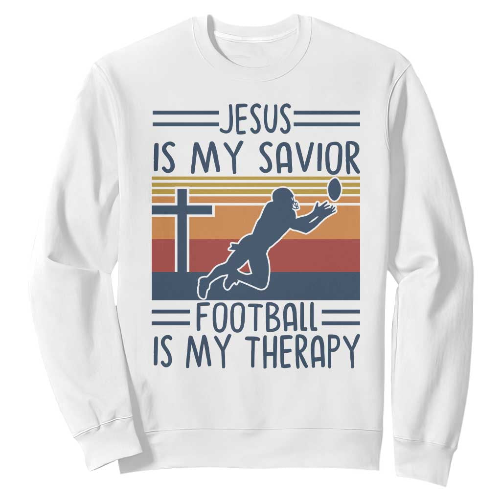 Jesus Is My Savior Football Is My Therapy Sweatshirt Vintage Christian Football Fan Gift TS12 White Print Your Wear