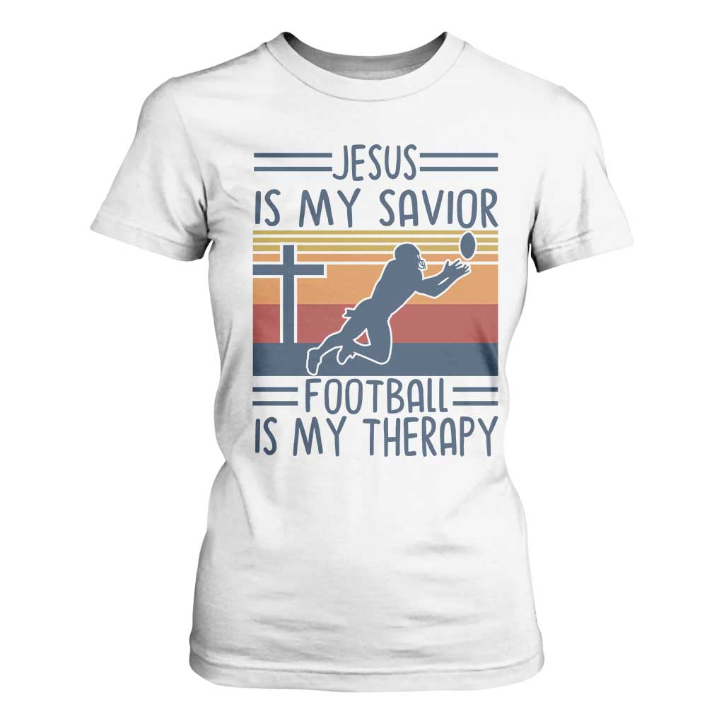 Jesus Is My Savior Football Is My Therapy T Shirt For Women Vintage Christian Football Fan Gift TS12 White Print Your Wear