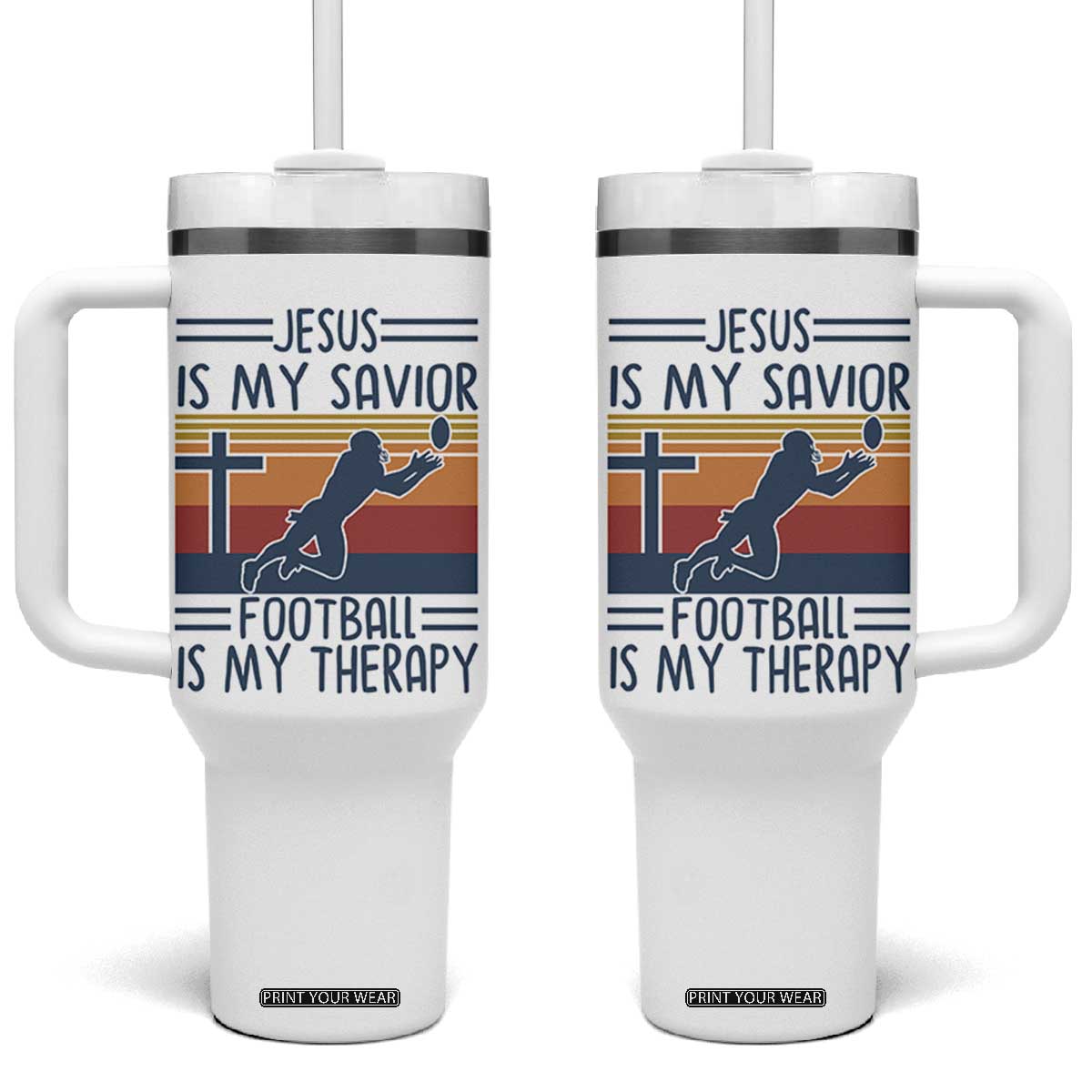 Jesus Is My Savior Football Is My Therapy Tumbler With Handle Vintage Christian Football Fan Gift TS12 One Size: 40 oz White Print Your Wear