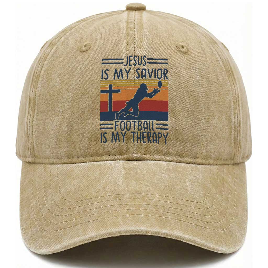 Jesus Is My Savior Football Is My Therapy Washed Cotton Baseball Cap Vintage Christian Football Fan Gift TS12 Print Your Wear