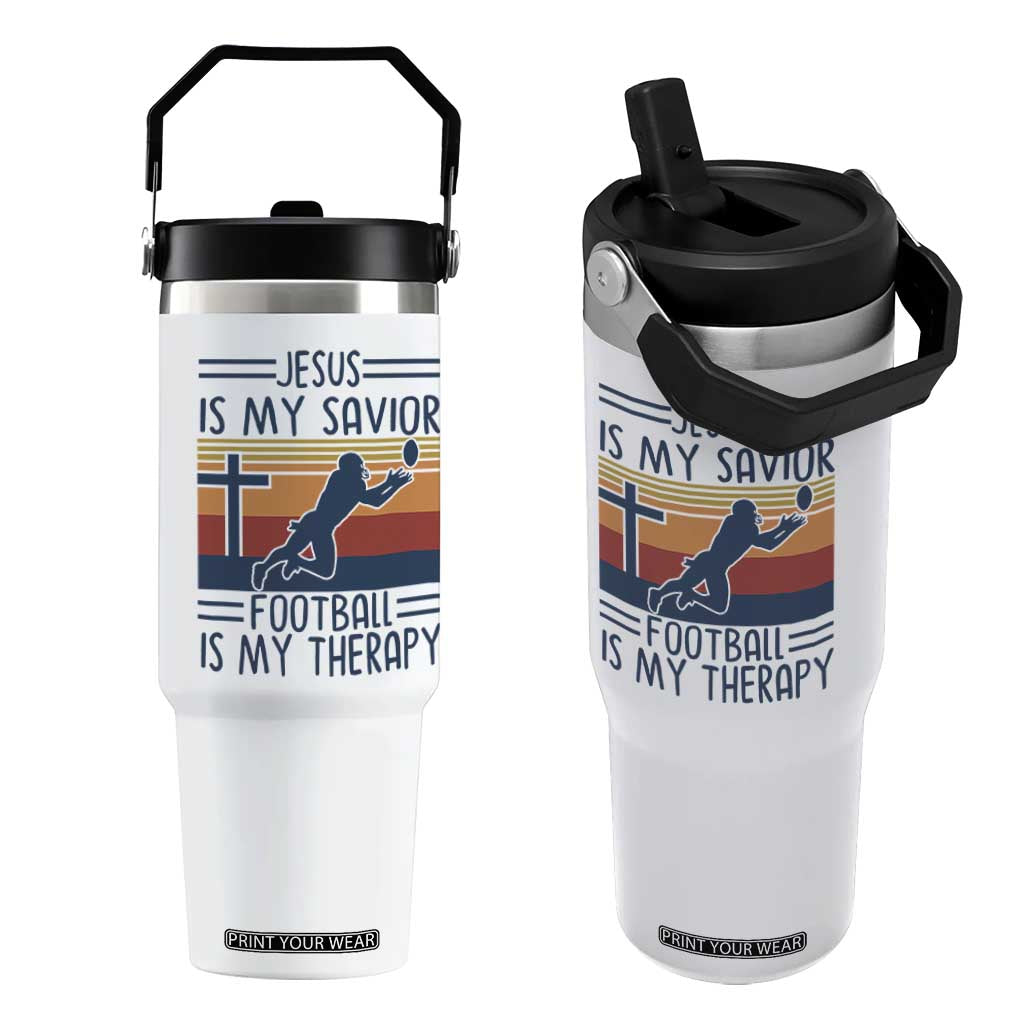 Jesus Is My Savior Football Is My Therapy Flip Straw Tumbler Vintage Christian Football Fan Gift TS12 One Size: 30 oz White Print Your Wear