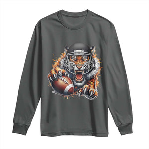 Funny Bengal Tiger With Helmet Long Sleeve Shirt Football Lover Gift TS12 Dark Heather Print Your Wear