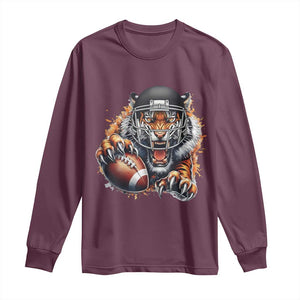 Funny Bengal Tiger With Helmet Long Sleeve Shirt Football Lover Gift TS12 Maroon Print Your Wear