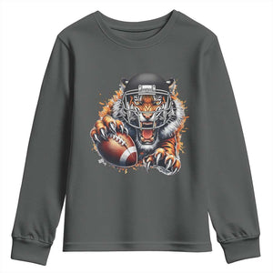 Funny Bengal Tiger With Helmet Youth Sweatshirt Football Lover Gift TS12 Dark Heather Print Your Wear