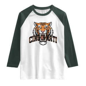 Roaring Cincinnati Tiger Football Raglan Shirt Game Day Fans Gift TS12 White Dark Forest Green Print Your Wear