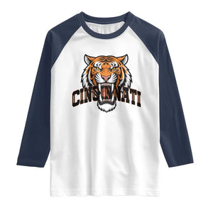 Roaring Cincinnati Tiger Football Raglan Shirt Game Day Fans Gift TS12 White Navy Print Your Wear