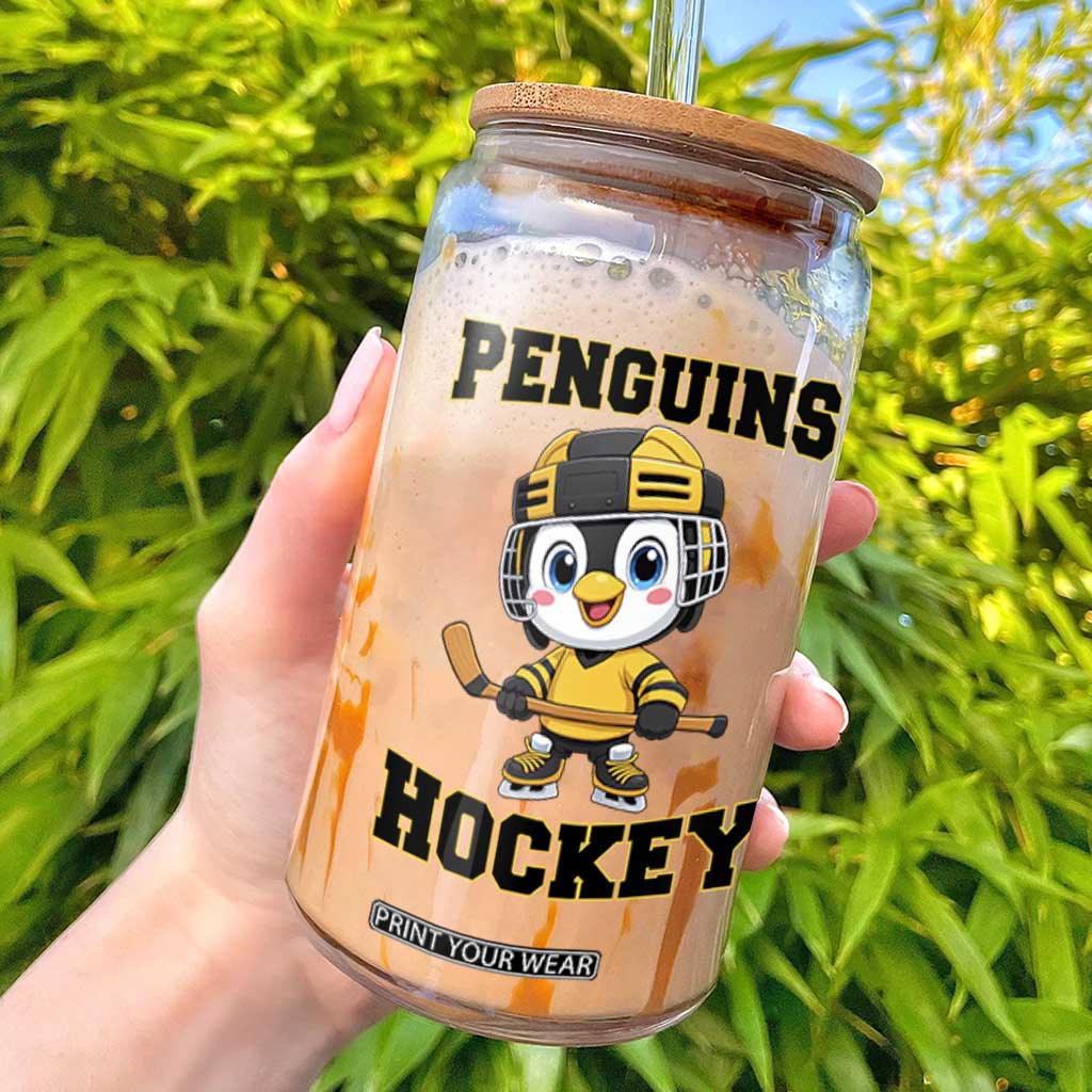 Funny Penguin Playing Ice Hockey Glass Can Winter Sports Gift TS12 White Print Your Wear