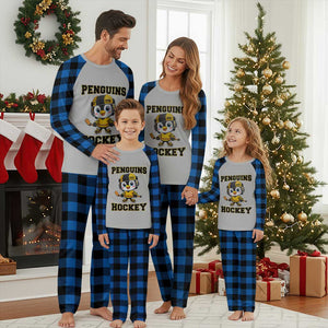 Funny Penguin Playing Ice Hockey Plaid Pajama Set Winter Sports Gift TS12 Blue Plaid Print Your Wear