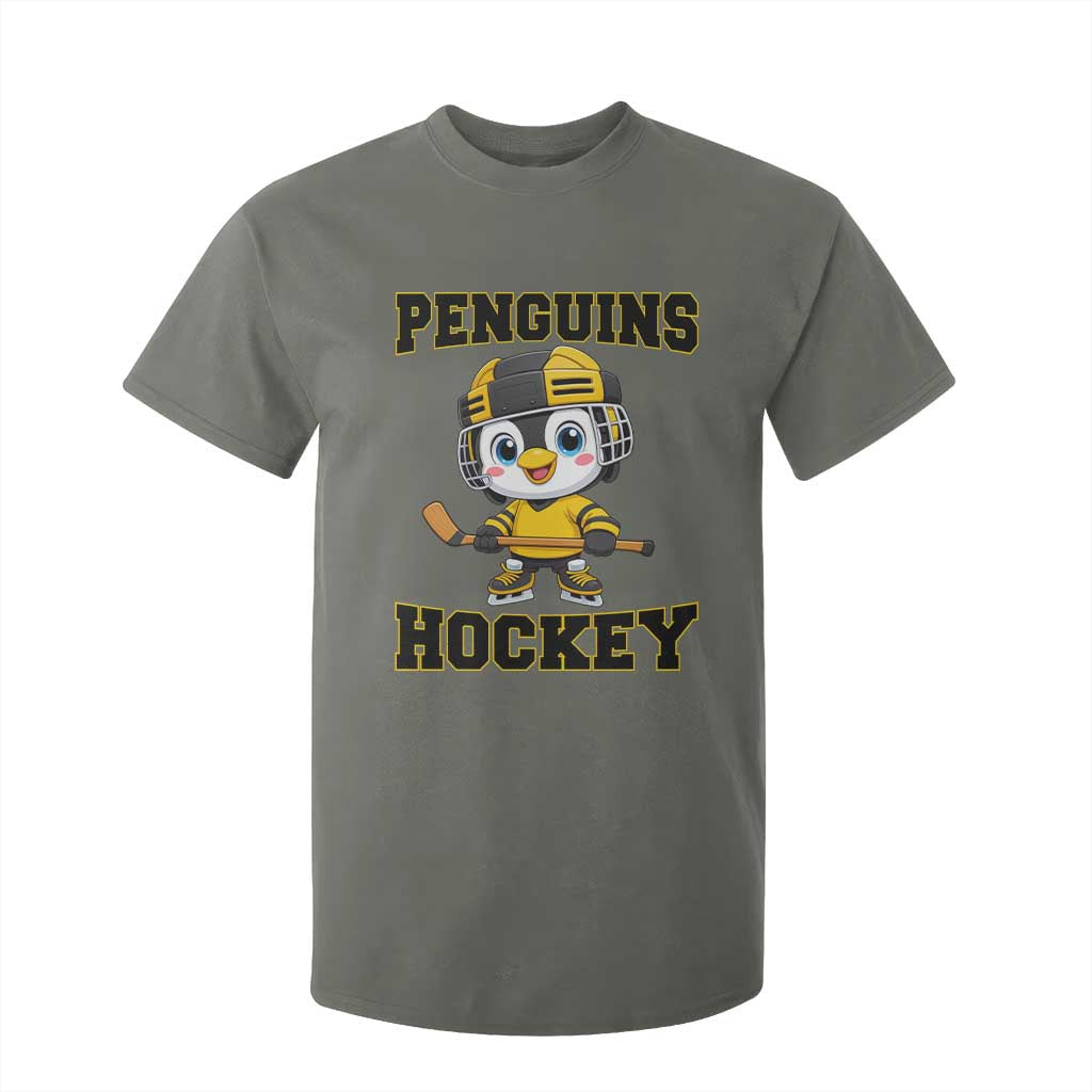 Funny Penguin Playing Ice Hockey T Shirt For Kid Winter Sports Gift TS12 Military Green Print Your Wear