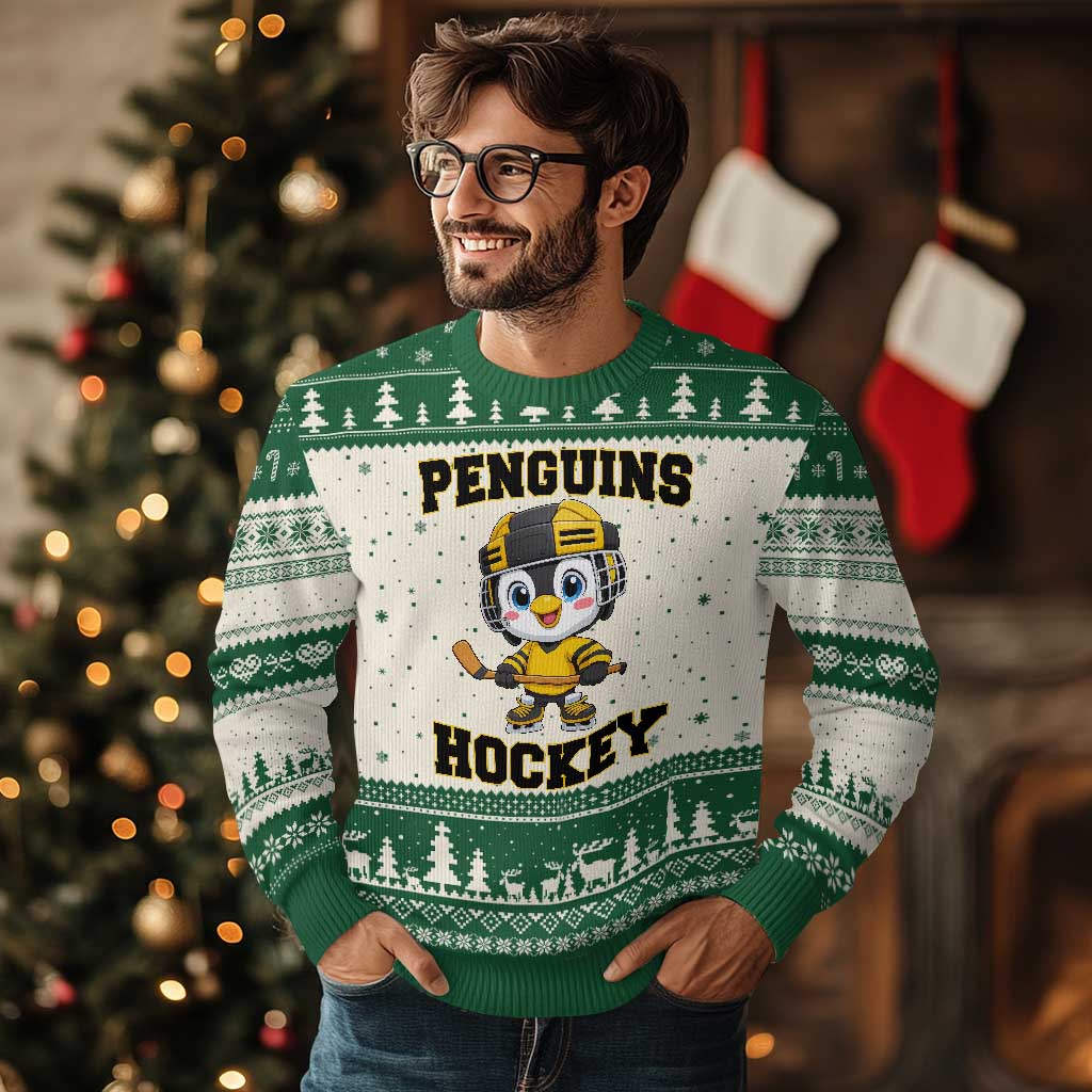 Funny Penguin Playing Ice Hockey Ugly Christmas Sweater Winter Sports Gift TS12 Beige Green Print Your Wear