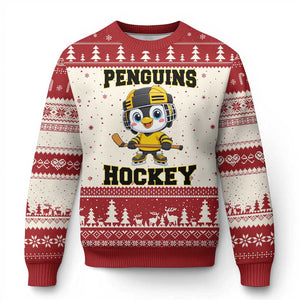 Funny Penguin Playing Ice Hockey Ugly Christmas Sweater Winter Sports Gift TS12 Beige Red Print Your Wear