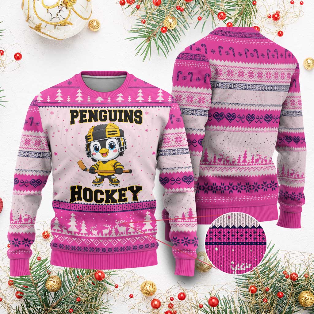 Funny Penguin Playing Ice Hockey Ugly Christmas Sweater Winter Sports Gift TS12 Hot Pink Print Your Wear