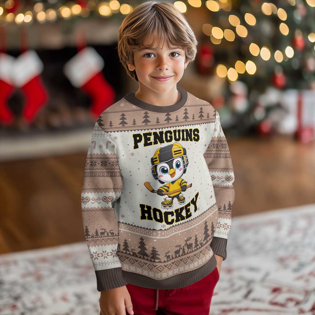Funny Penguin Playing Ice Hockey Ugly Christmas Sweater Winter Sports Gift TS12 Mocha Mousse Print Your Wear