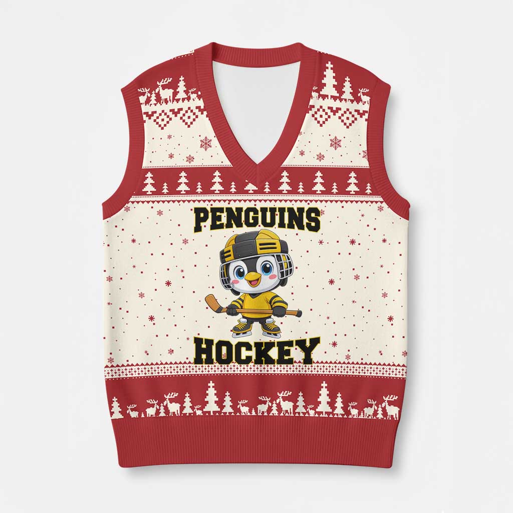Funny Penguin Playing Ice Hockey V-Neck Knit Sweater Vest Winter Sports Gift TS12 Beige Red Print Your Wear