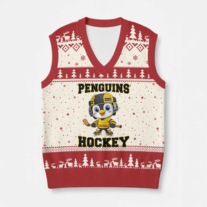 Funny Penguin Playing Ice Hockey V-Neck Knit Sweater Vest Winter Sports Gift TS12 Beige Red Print Your Wear