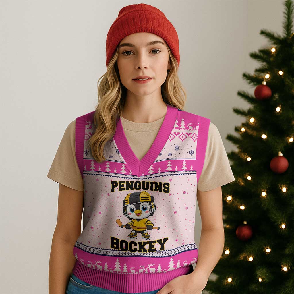 Funny Penguin Playing Ice Hockey V-Neck Knit Sweater Vest Winter Sports Gift TS12 Hot Pink Print Your Wear
