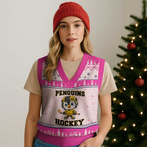 Funny Penguin Playing Ice Hockey V-Neck Knit Sweater Vest Winter Sports Gift TS12 Hot Pink Print Your Wear
