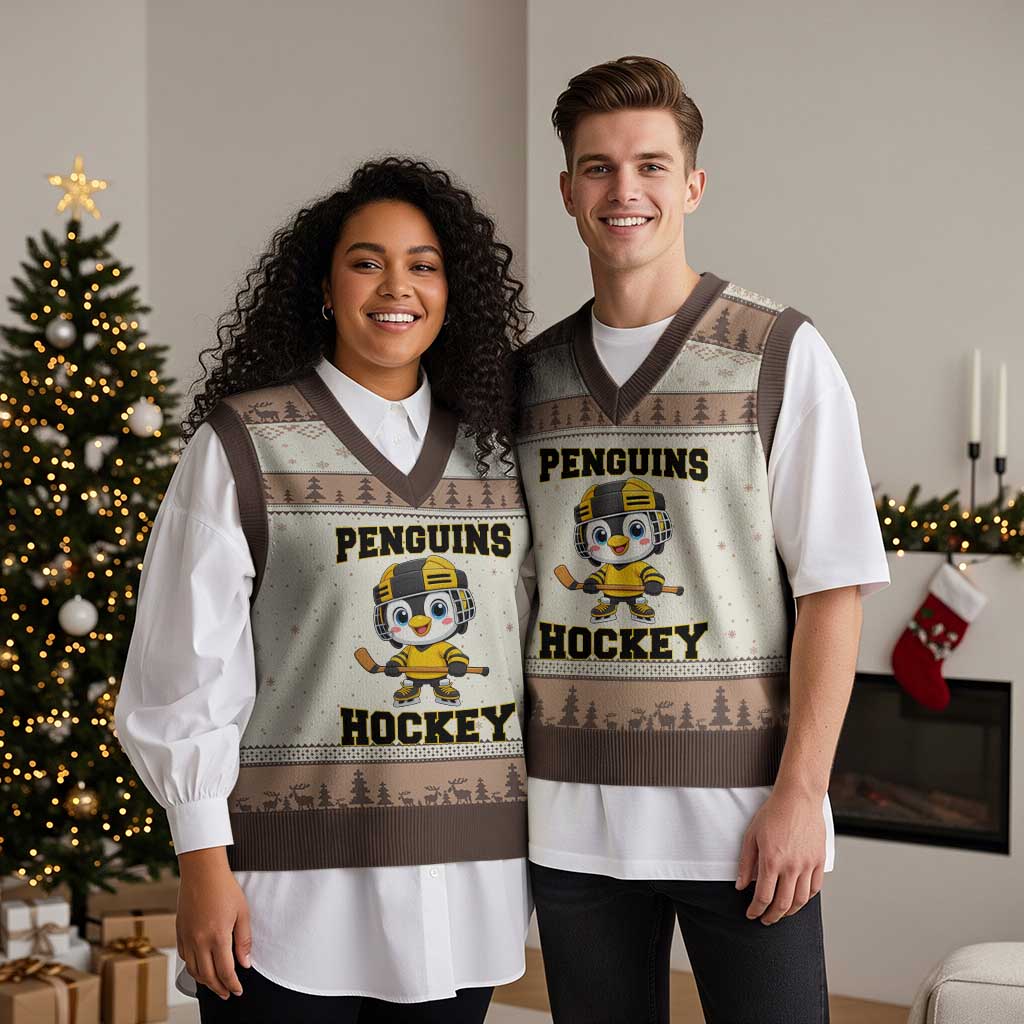 Funny Penguin Playing Ice Hockey V-Neck Knit Sweater Vest Winter Sports Gift TS12 Mocha Mousse Print Your Wear