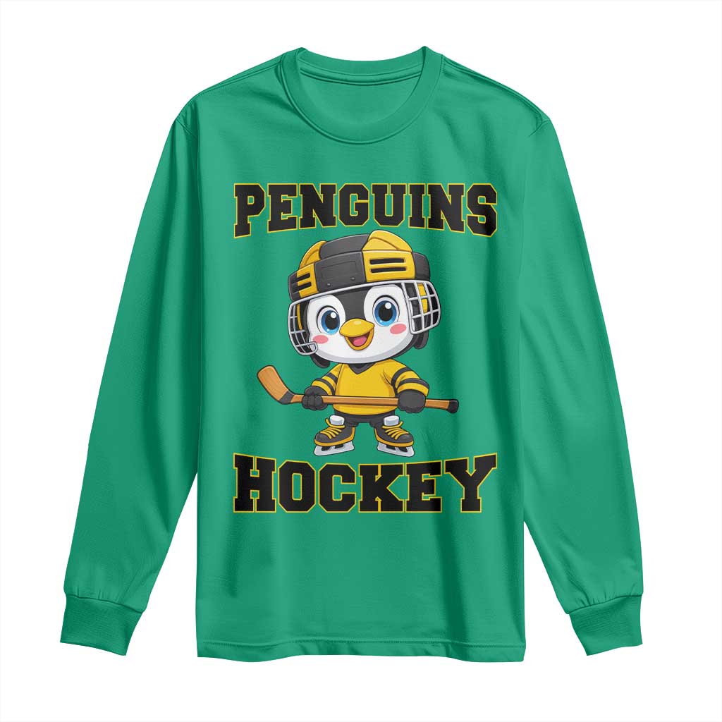 Funny Penguin Playing Ice Hockey Long Sleeve Shirt Winter Sports Gift TS12 Irish Green Print Your Wear