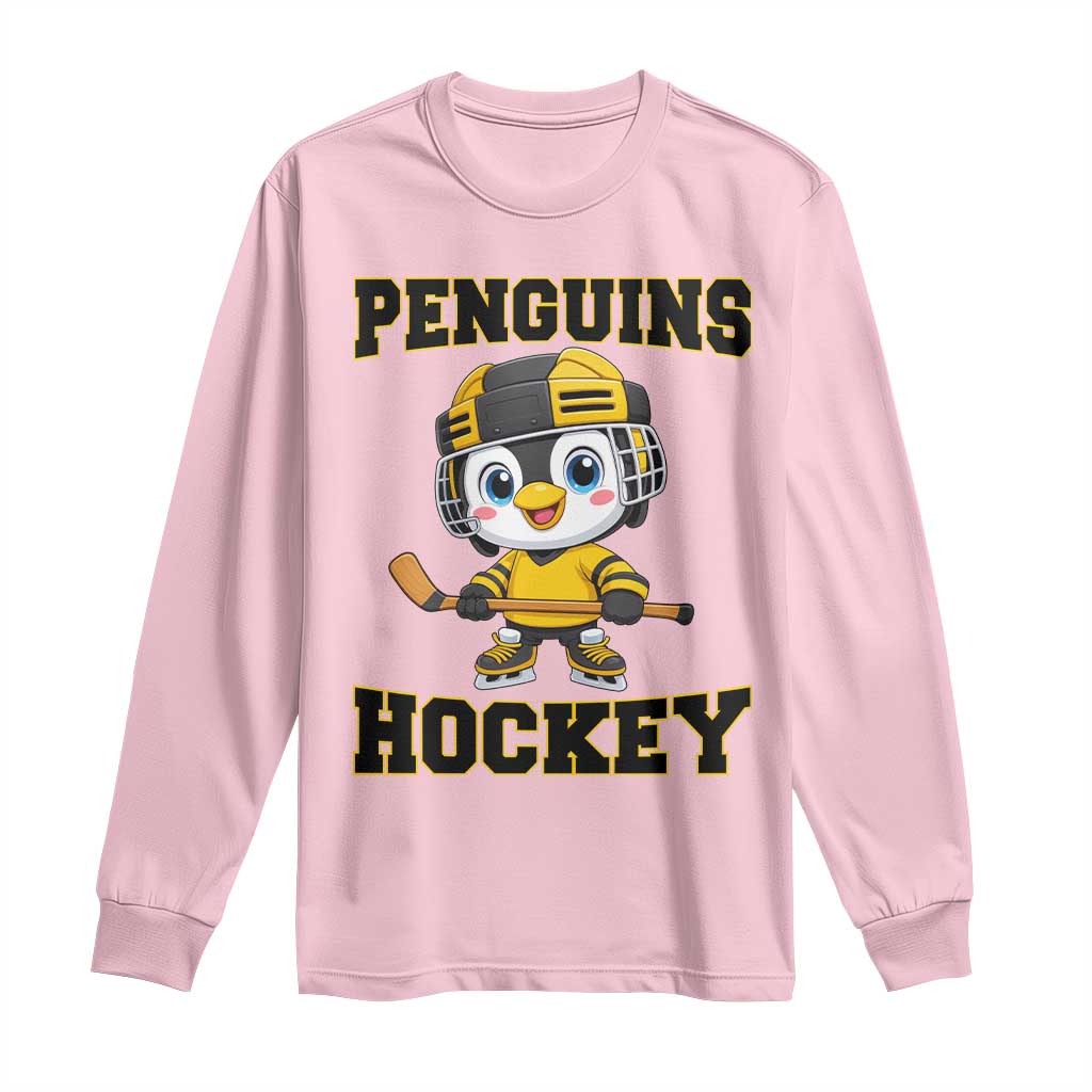 Funny Penguin Playing Ice Hockey Long Sleeve Shirt Winter Sports Gift TS12 Light Pink Print Your Wear