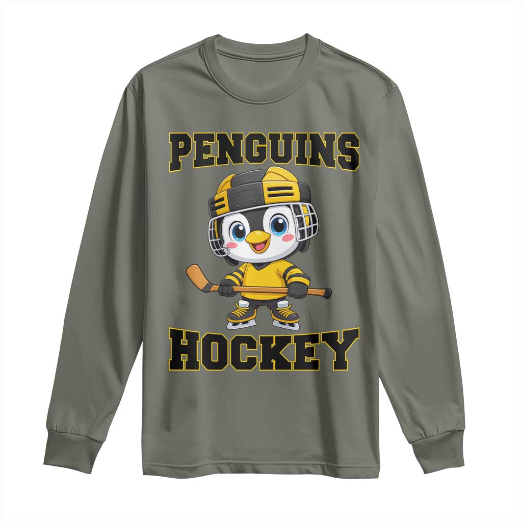 Funny Penguin Playing Ice Hockey Long Sleeve Shirt Winter Sports Gift TS12 Military Green Print Your Wear