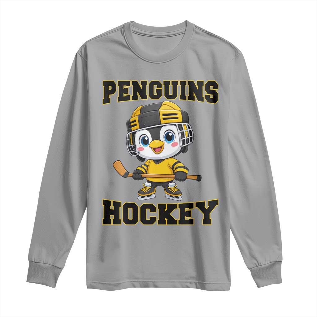 Funny Penguin Playing Ice Hockey Long Sleeve Shirt Winter Sports Gift TS12 Sport Gray Print Your Wear