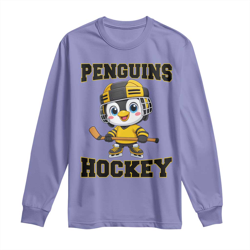 Funny Penguin Playing Ice Hockey Long Sleeve Shirt Winter Sports Gift TS12 Violet Print Your Wear