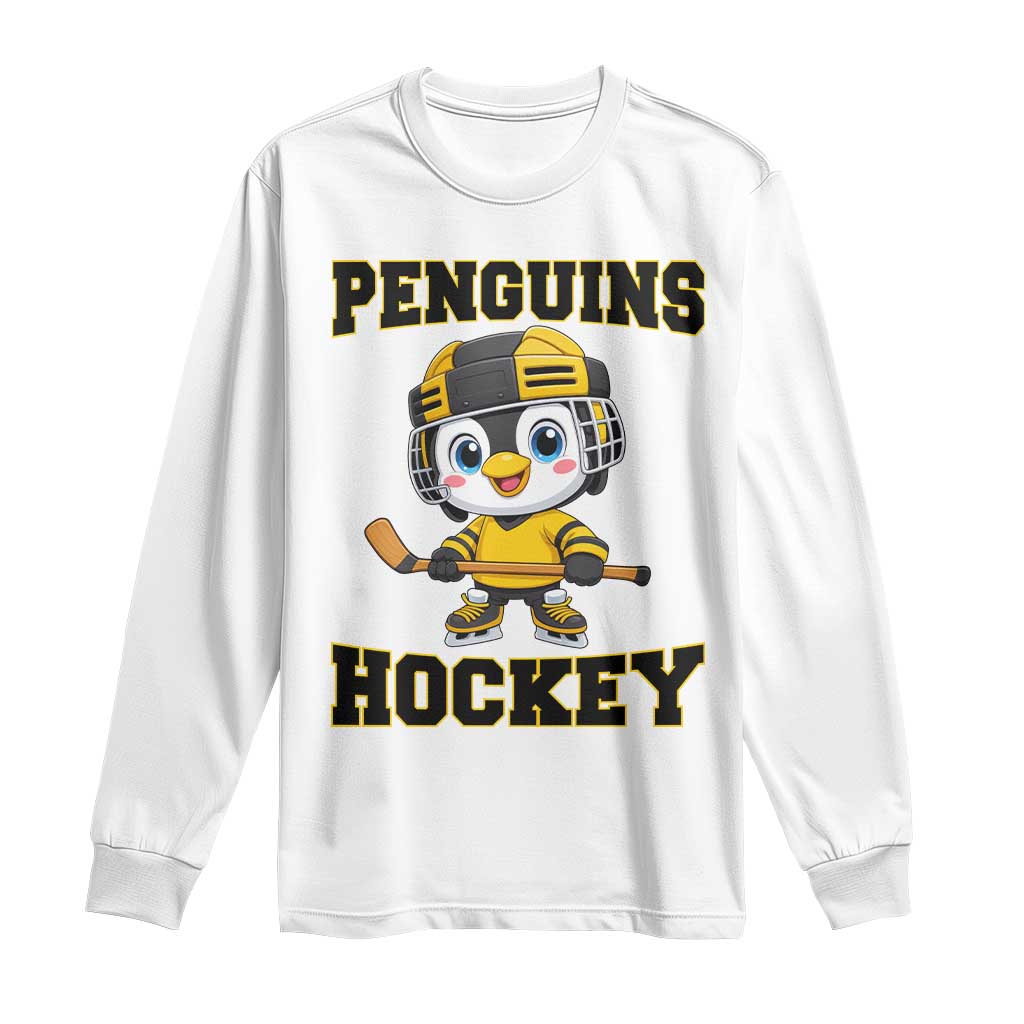 Funny Penguin Playing Ice Hockey Long Sleeve Shirt Winter Sports Gift TS12 White Print Your Wear