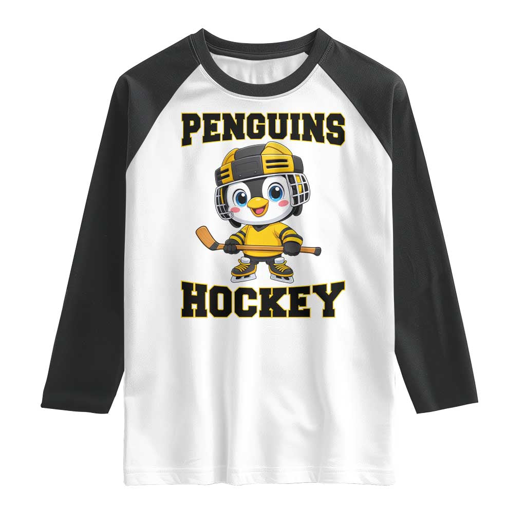 Funny Penguin Playing Ice Hockey Raglan Shirt Winter Sports Gift TS12 White Black Print Your Wear