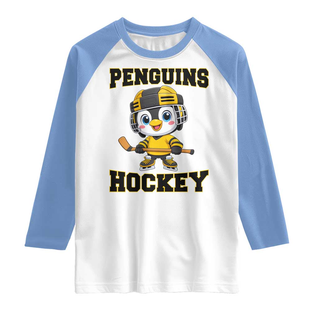 Funny Penguin Playing Ice Hockey Raglan Shirt Winter Sports Gift TS12 White Carolina Blue Print Your Wear