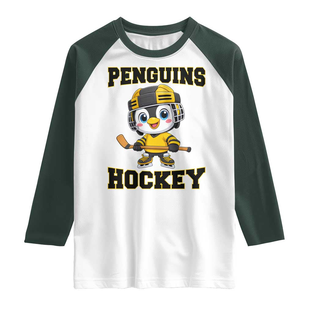 Funny Penguin Playing Ice Hockey Raglan Shirt Winter Sports Gift TS12 White Dark Forest Green Print Your Wear