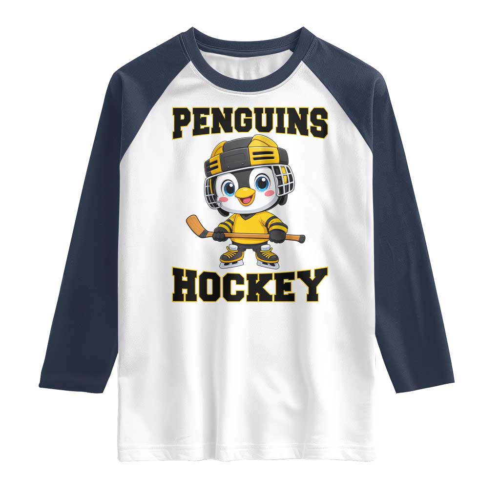 Funny Penguin Playing Ice Hockey Raglan Shirt Winter Sports Gift TS12 White Navy Print Your Wear