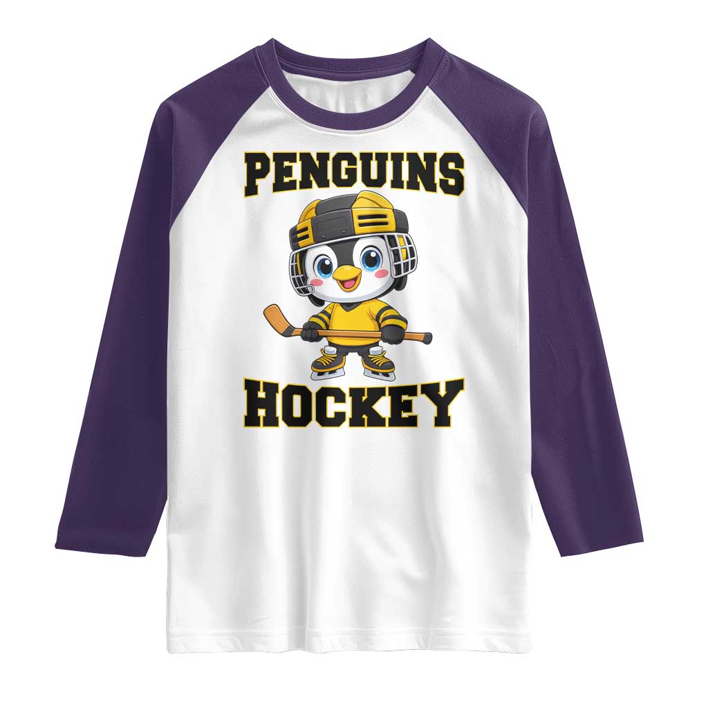 Funny Penguin Playing Ice Hockey Raglan Shirt Winter Sports Gift TS12 White Purple Print Your Wear