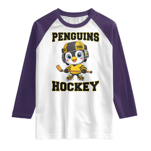 Funny Penguin Playing Ice Hockey Raglan Shirt Winter Sports Gift TS12 White Purple Print Your Wear