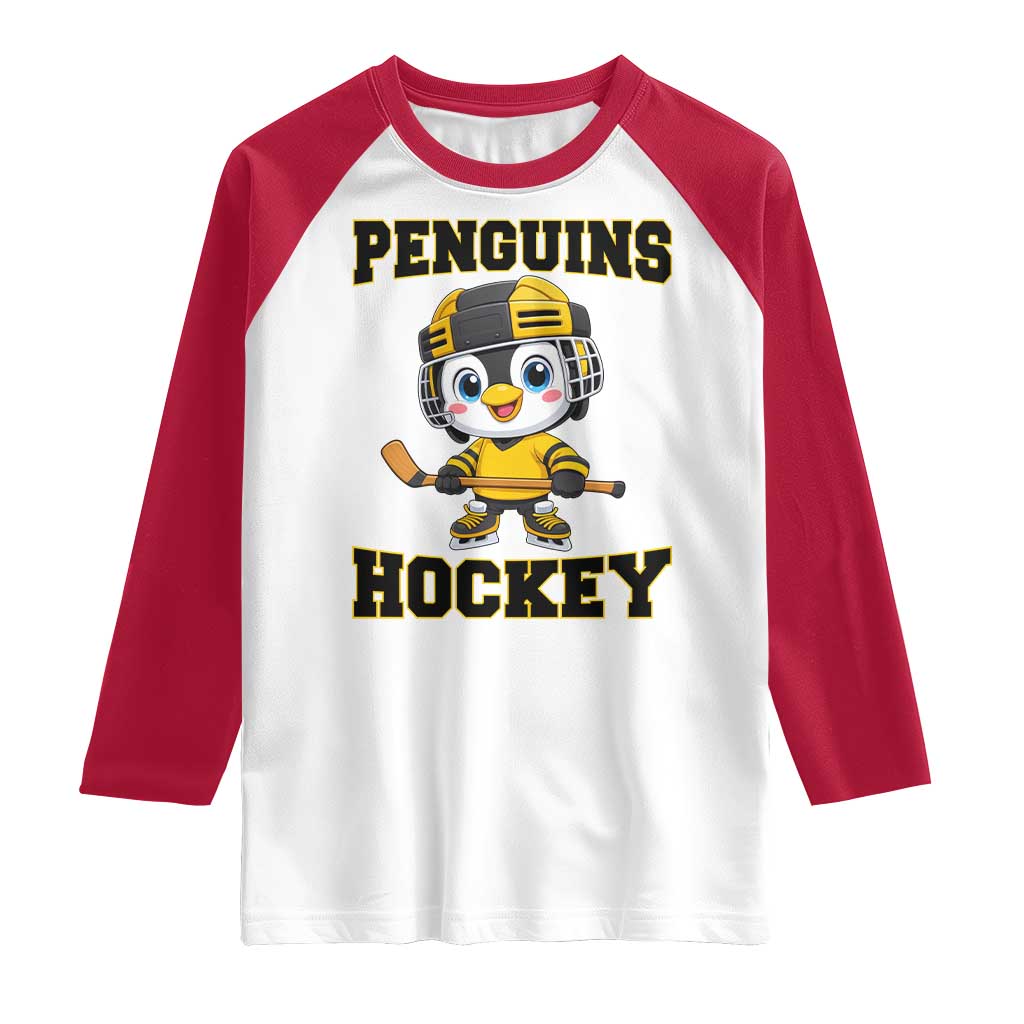 Funny Penguin Playing Ice Hockey Raglan Shirt Winter Sports Gift TS12 White Red Print Your Wear