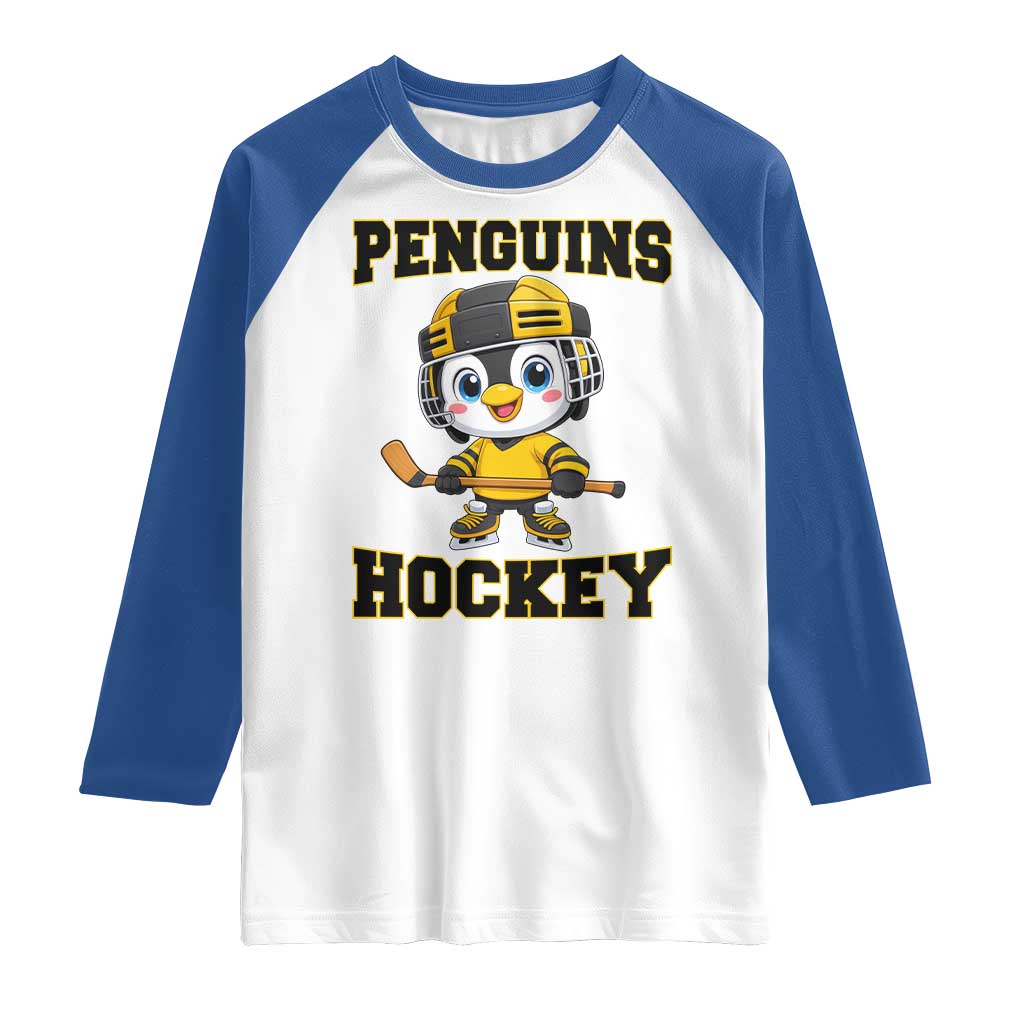 Funny Penguin Playing Ice Hockey Raglan Shirt Winter Sports Gift TS12 White Royal Print Your Wear
