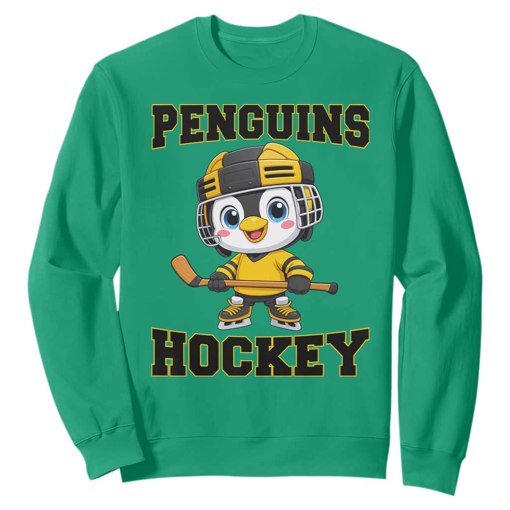 Funny Penguin Playing Ice Hockey Sweatshirt Winter Sports Gift TS12 Irish Green Print Your Wear