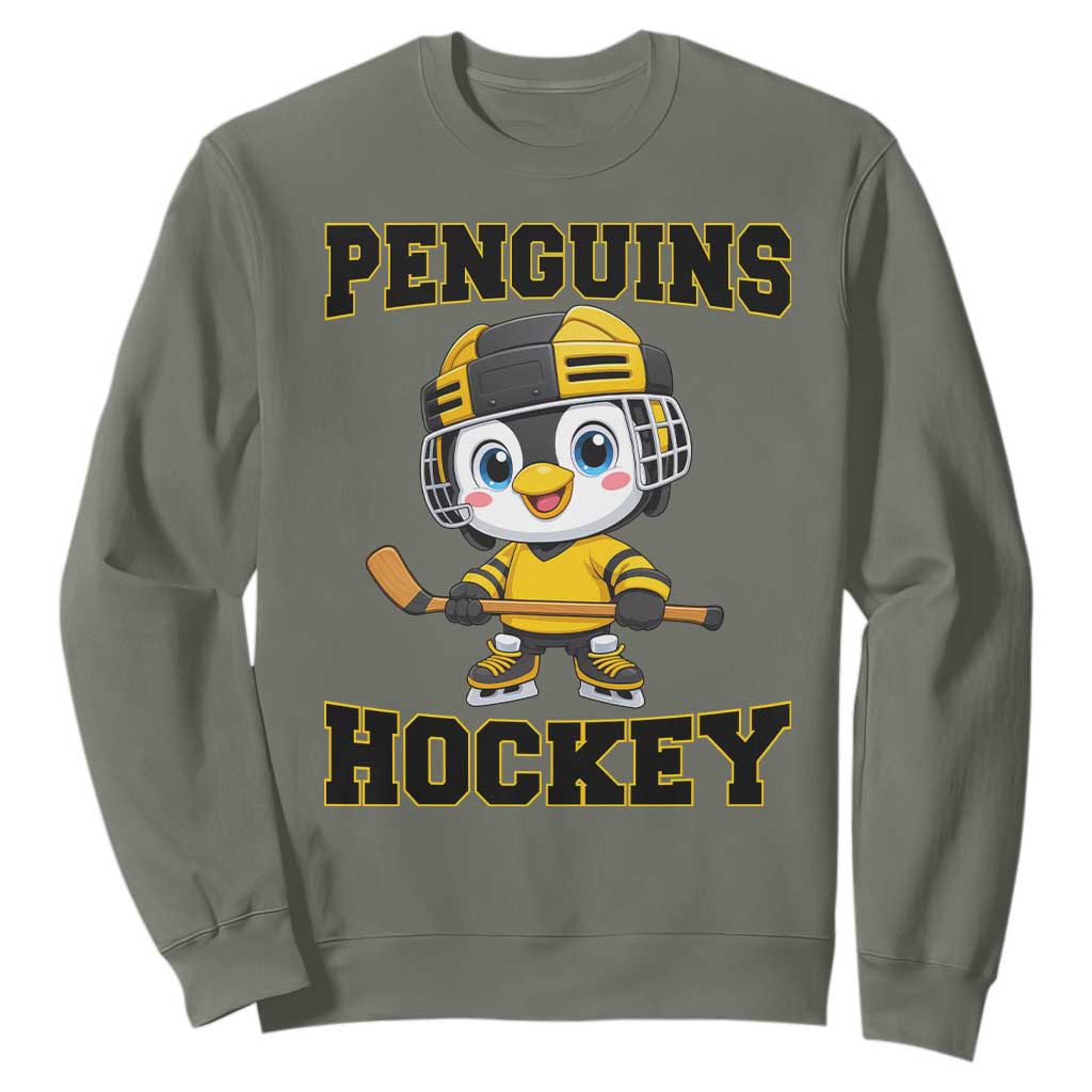 Funny Penguin Playing Ice Hockey Sweatshirt Winter Sports Gift TS12 Military Green Print Your Wear
