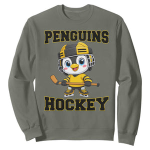 Funny Penguin Playing Ice Hockey Sweatshirt Winter Sports Gift TS12 Military Green Print Your Wear