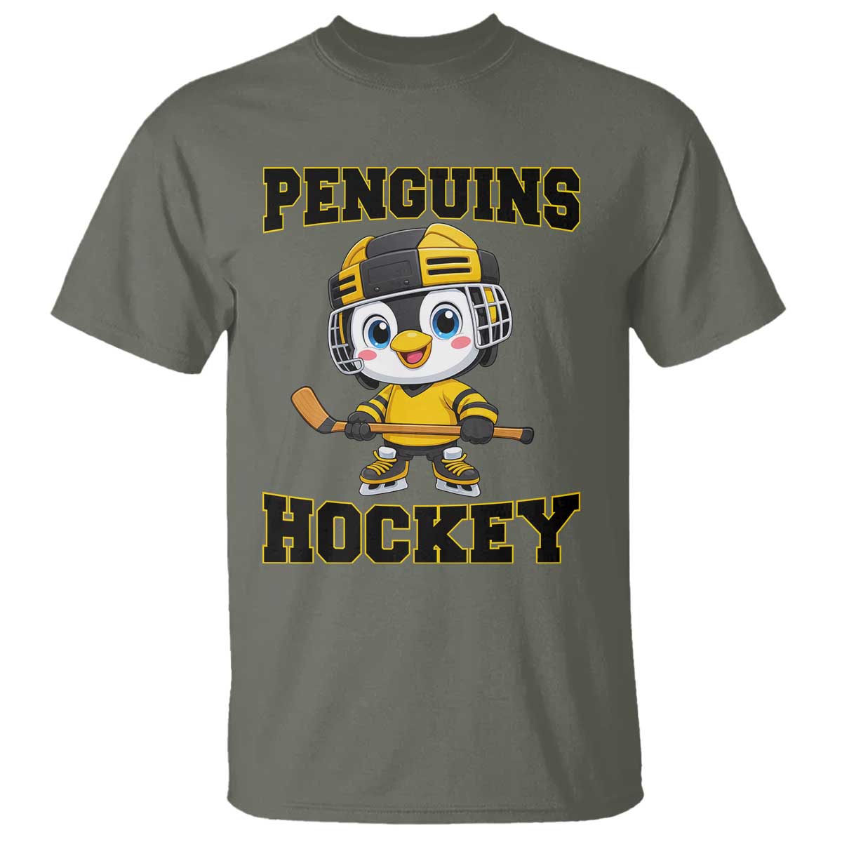 Funny Penguin Playing Ice Hockey T Shirt Winter Sports Gift TS12 Military Green Print Your Wear
