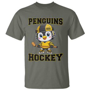 Funny Penguin Playing Ice Hockey T Shirt Winter Sports Gift TS12 Military Green Print Your Wear
