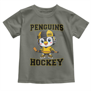 Funny Penguin Playing Ice Hockey Toddler T Shirt Winter Sports Gift TS12 Military Green Print Your Wear