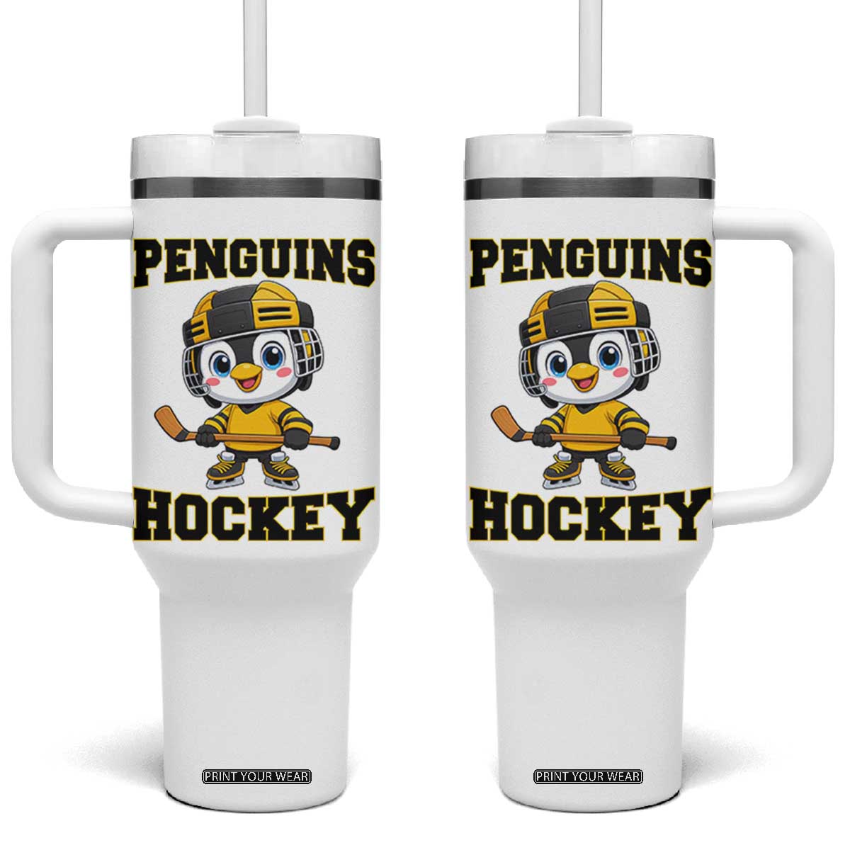Funny Penguin Playing Ice Hockey Tumbler With Handle Winter Sports Gift TS12 One Size: 40 oz White Print Your Wear