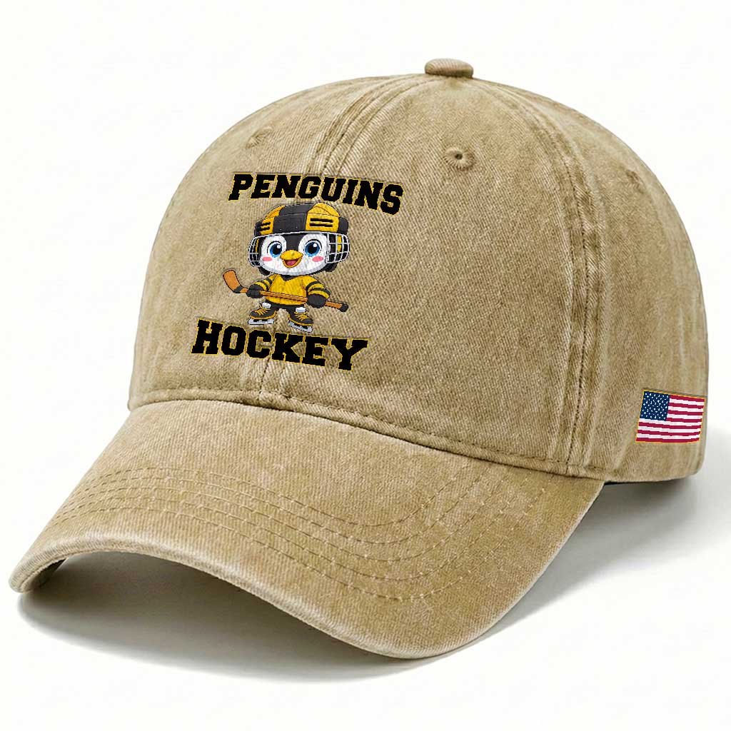 Funny Penguin Playing Ice Hockey Washed Cotton Baseball Cap Winter Sports Gift TS12 Print Your Wear